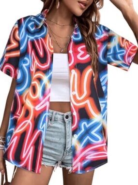 Women’s Neon Print Short Sleeve Button-Up Shirt - Multicolor